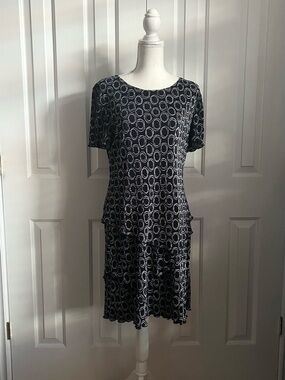 NWOT CONNECTED APPAREL Circle-Print Short Sleeve Midi Dress Navy & White Size 10